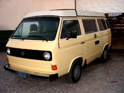Cream VW Vanagon in the shop